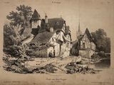 an old drawing of a village with a church and a river