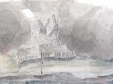 a painting of a teepee in the middle of the water