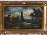une image représentant un tableau représentant un paysage avec une maison et des arbres