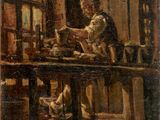 une peinture à l'huile représentant un homme travaillant sur une table dans un atelier