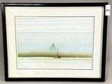 framed watercolor painting of a boat in the water with a house in the background