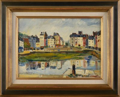 une image d'un tableau représentant une ville au bord de l'eau