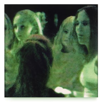 two dogs that are looking at a woman in the mirror