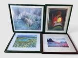 three framed paintings of a woman and two sheep in a field