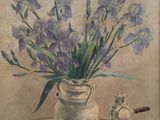 a painting of purple flowers in a vase on a table