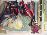 un tableau représentant une scène de cirque avec des personnes à cheval