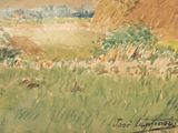 a watercolor painting of a landscape with a mountain in the background