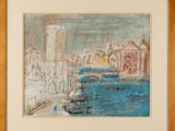an image of a painting of a city by a body of water