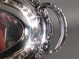 a silver bowl with a red apple in it