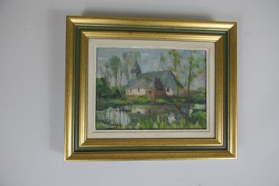 painting on the wall of a room with a picture of a house