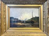 an oil painting of boats on a river with a house in the background