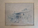 drawing of a man and a woman in front of a shack