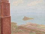 a painting of a clock tower on the side of a building