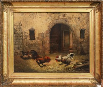 une peinture à l'huile représentant des poulets dans une grange dont on aperçoit l'entrée
