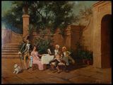painting of a group of people sitting around a table in a courtyard