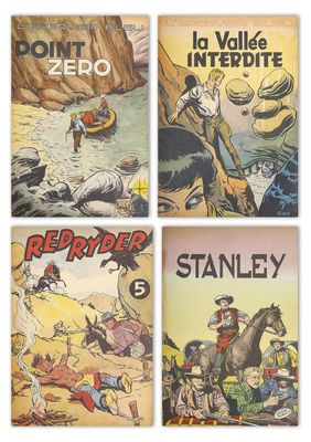 un ensemble de quatre couvertures de bandes dessinées représentant divers personnages sur fond blanc