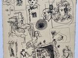 drawing of a group of people in a room with pictures on the wall