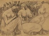 dessin représentant trois nus assis sur un canapé dans une pièce