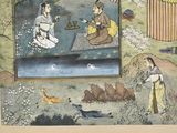 a picture of a painting of a man and a woman playing with a dog
