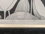 a black and white drawing of two tulips in a vase