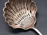 a silver spoon with a leaf shaped handle on a black surface