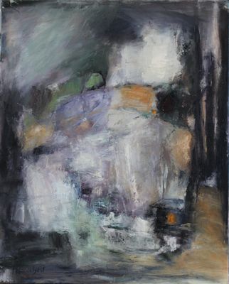 une peinture à l'huile représentant une femme en robe blanche assise sur un canapé