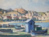 painting of boats in a harbor with a town in the background