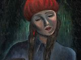 painting of a woman in a red beret holding a fan