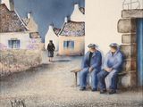 tableau représentant deux hommes assis sur un banc devant un immeuble