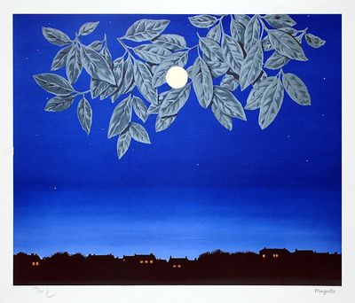 une peinture représentant une branche d'arbre avec des feuilles et une pleine lune dans le ciel