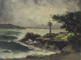 une peinture à l'huile représentant un phare sur un rivage rocheux au bord de l'océan