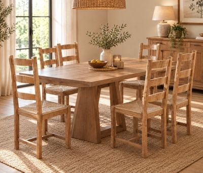 une table et des chaises en bois dans une pièce dotée d'une grande fenêtre