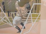 a painting of a man playing a game of tennis