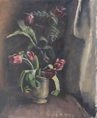 a painting of flowers in a vase on a window sill