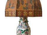 a lamp that is sitting on a table with a lamp shade on it