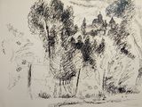 a black and white drawing of a castle on a hill