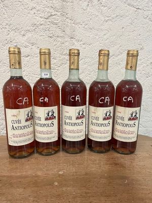 cinq bouteilles de vin sont alignées sur une table en bois