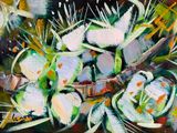 painting of a painting of a bunch of white flowers on a table