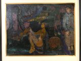 tableau représentant une femme jouant de la guitare devant un groupe de personnes