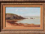 an oil painting of a beach scene with people on the shore