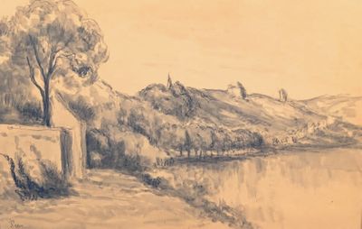 dessin représentant un paysage avec une rivière et un arbre au premier plan