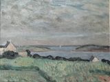 peinture représentant un paysage avec une maison et un plan d'eau au loin