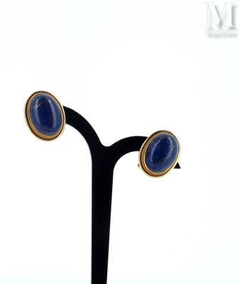 pair of gold and lapis stone earrings on a black stand