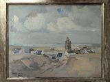 a picture of a painting of a lighthouse on the beach