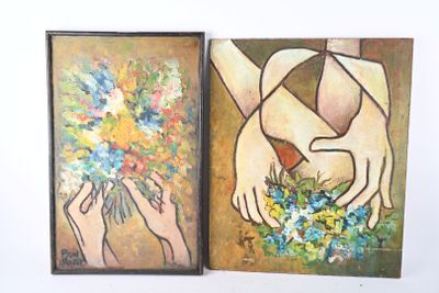 tableau représentant une paire de mains tenant un bouquet de fleurs, à côté d'un tableau représentant une femme tenant un bouquet