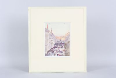 tableau représentant une scène de rue avec une calèche et des passants marchant dans la rue