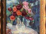 an oil painting of a vase of flowers on a table