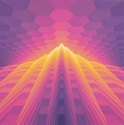une image de synthèse représentant un fond géométrique rose et orange