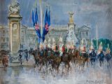 tableau représentant un groupe de personnes à cheval devant un bâtiment