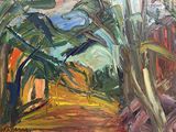 peinture représentant un tableau représentant un paysage avec des arbres et un bâtiment